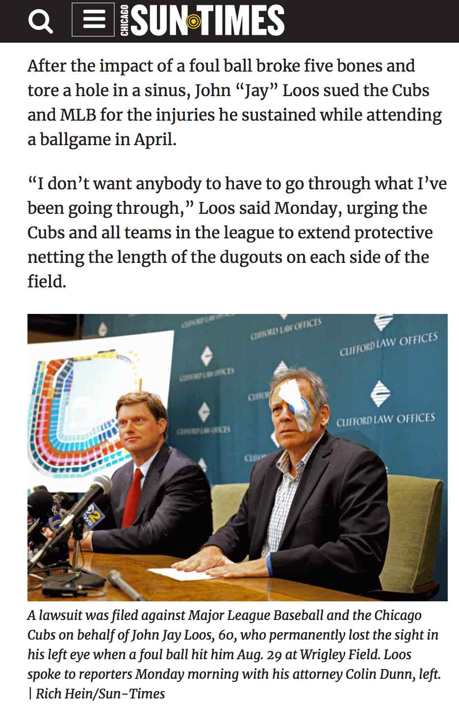 Chicago Sun Times article detailing lawsuit filed against the Cubs and the MLB