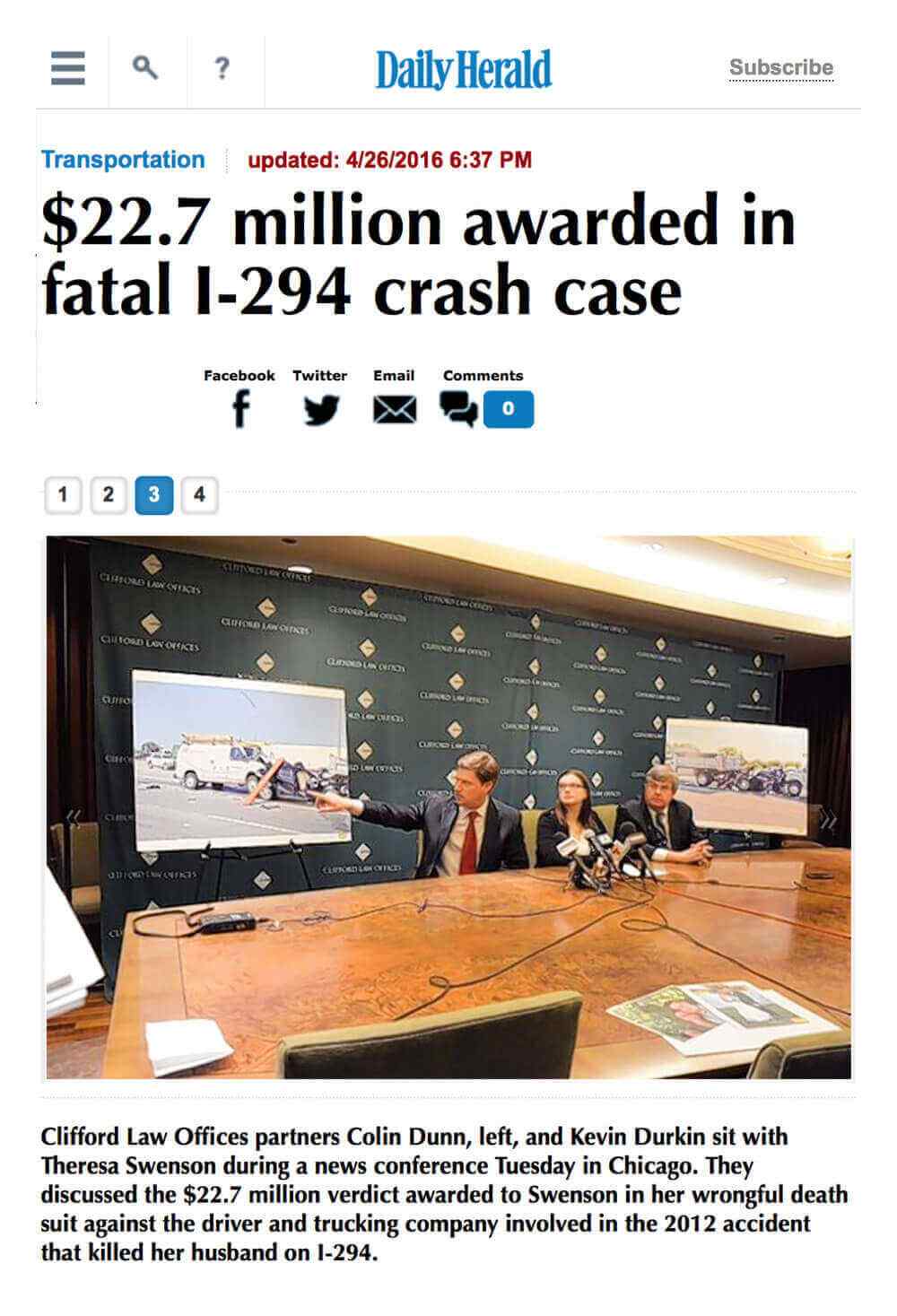 Daily Herald article detailing $22.7 million awarded in fatal I-294 crash cash